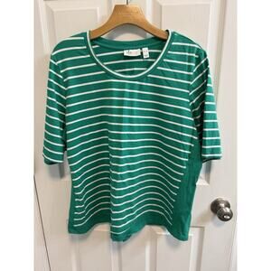 Denim Co Active XL Green White Stripe Top Round Neck Short Sleeve Preowned